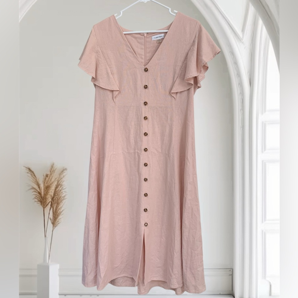 Calvin Klein Linen Blend Dress 10 in a soft pale pink shade.